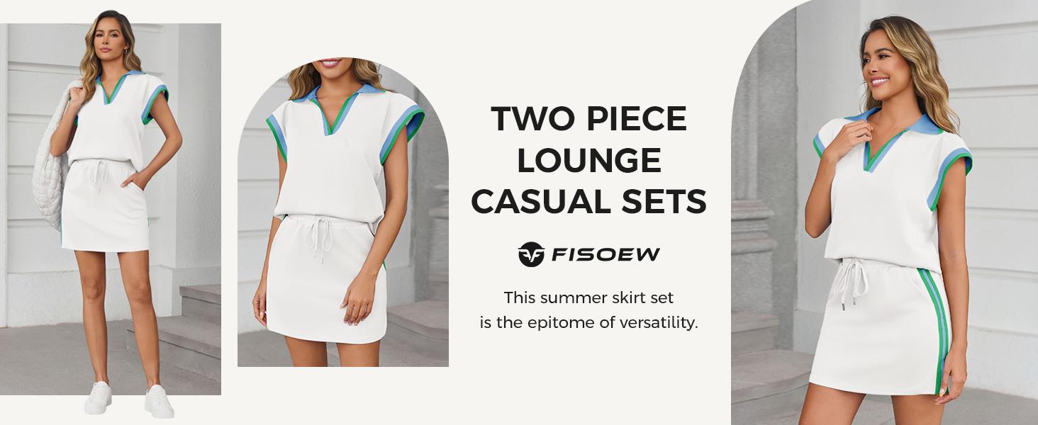 Imily Bela Womens 2 Piece Skirt Set Summer Cap Sleeve Tops Matching Tennis Skirts Casual Color Block Vacation Outfits Lounge Sets