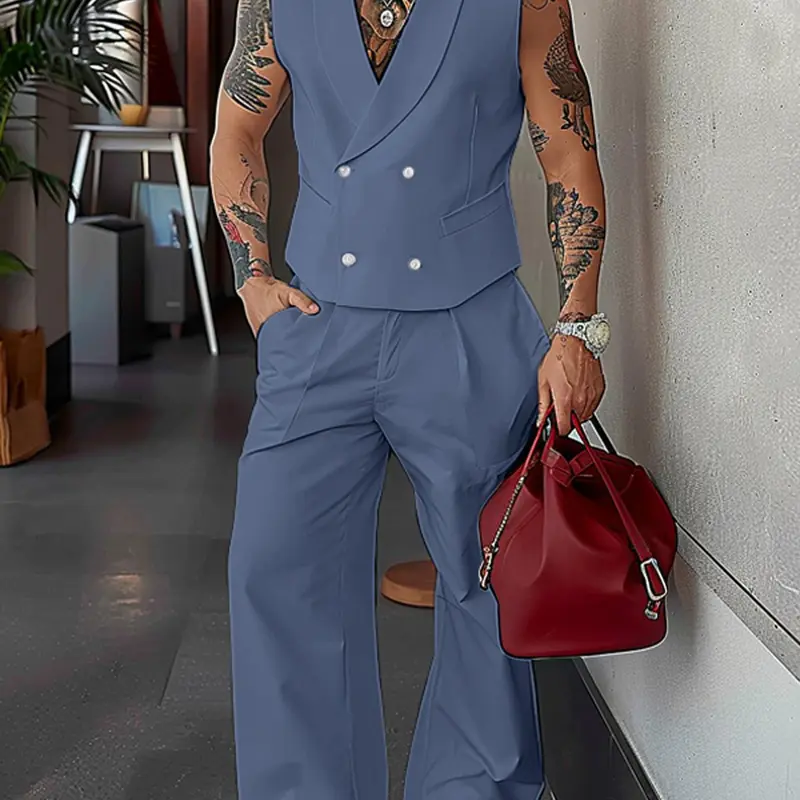 Men's Solid Color Sleeveless Double Breasted Suit Vest & Pants Sets, Fashion Casual Lapel Tank Top & Baggy Trousers Set for Holiday Vacation, Men's Formal Summer Outfits, Clothing Sets, Clothes, Menswear