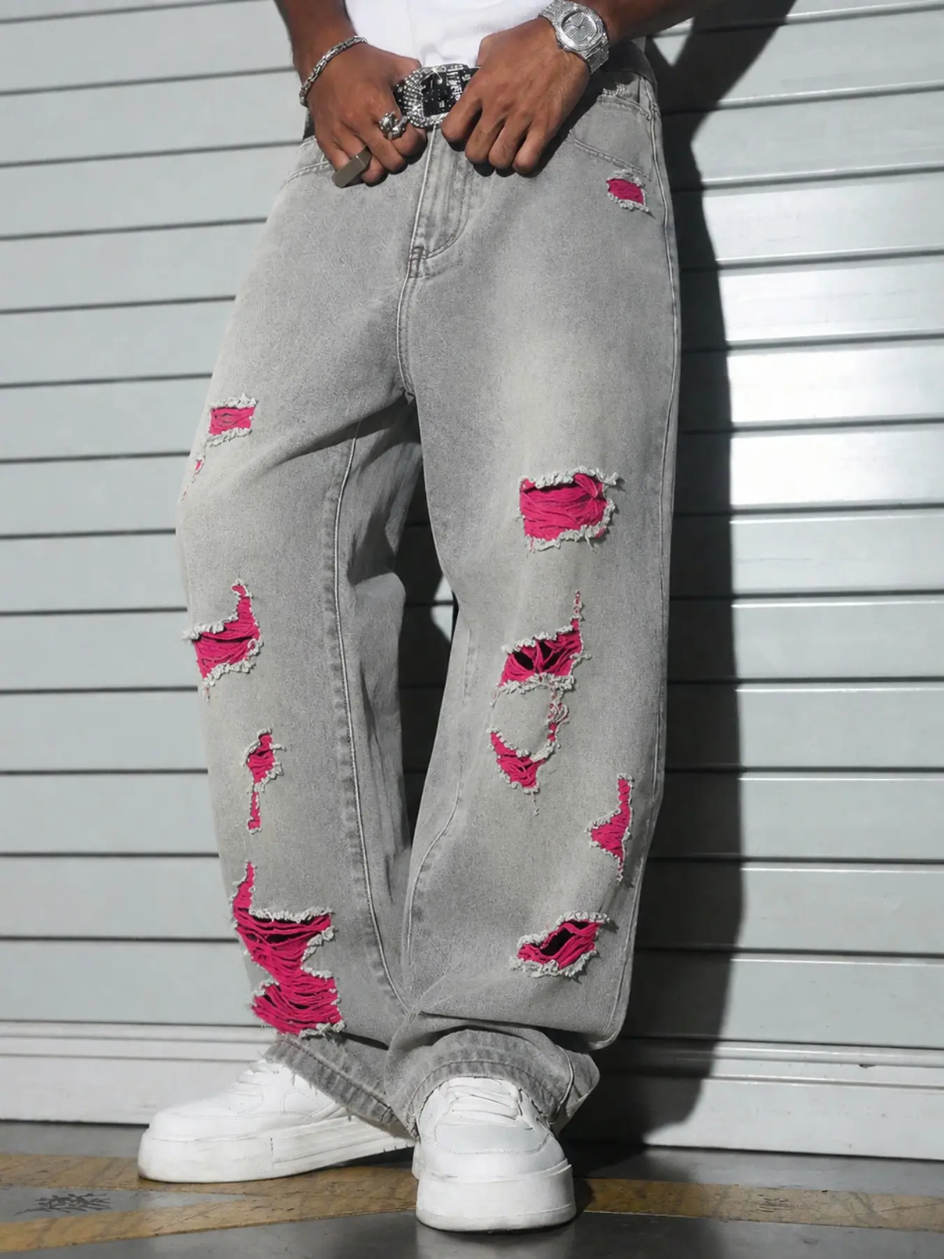 Men’s Gray Washed Baggy Jeans with Pink Contrast Distressed Rips, Wide Leg Y2K Punk Streetwear Denim Pants