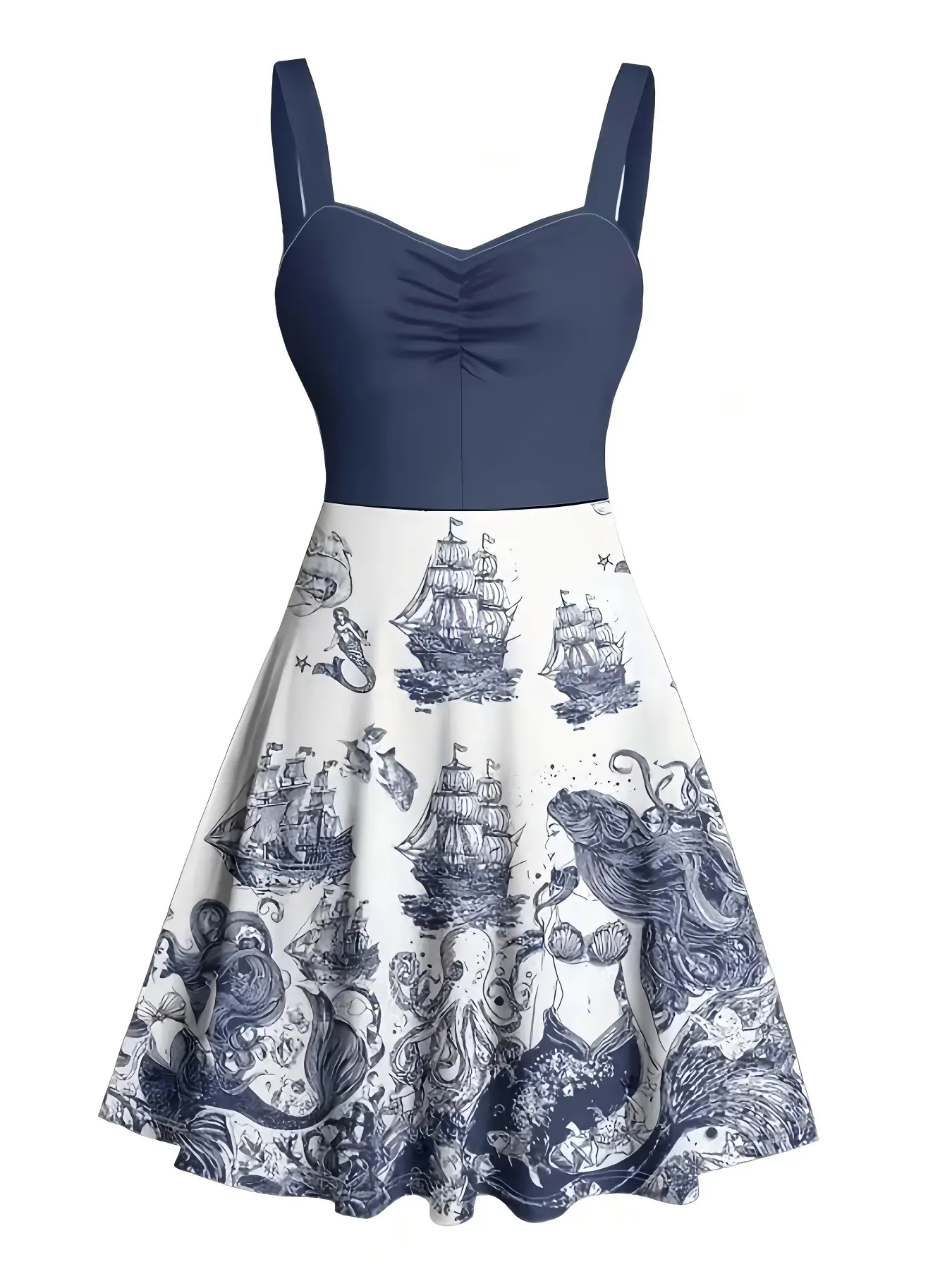 Oceanic Mermaid Ship Octopus Wave Pattern Prints Ruched Bustier Casual Vacation Dress, Sweetheart Neck A-Line Mini Beach Skirt, Summer Fashion