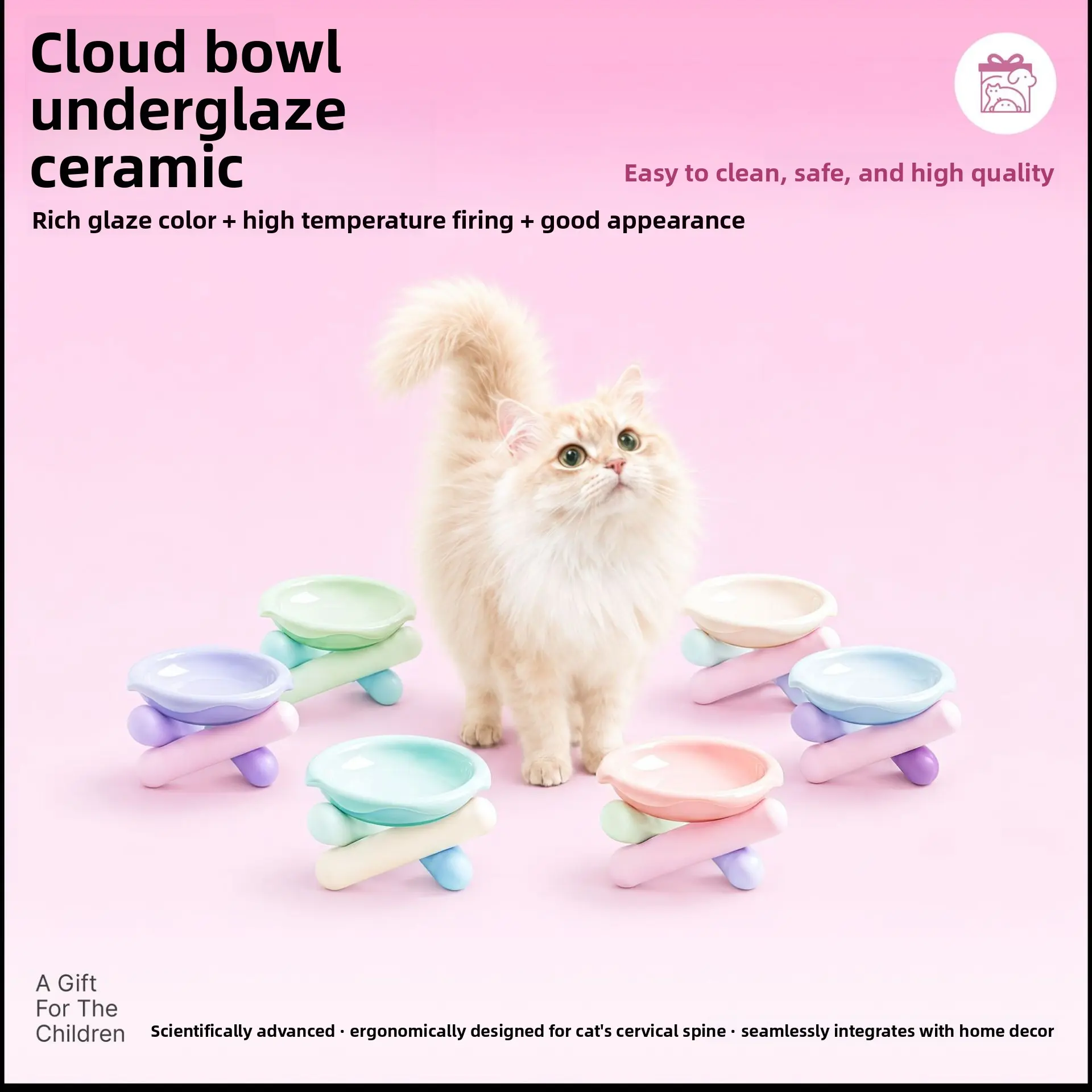 Cute Cloud Ceramic Raised Cat Food Bowl - Smooth Glaze, Wide Mouth, Easy-to-Clean Feeding Dish for Indoor Cats & Kittens, Bowl/Dish pet mat cattray