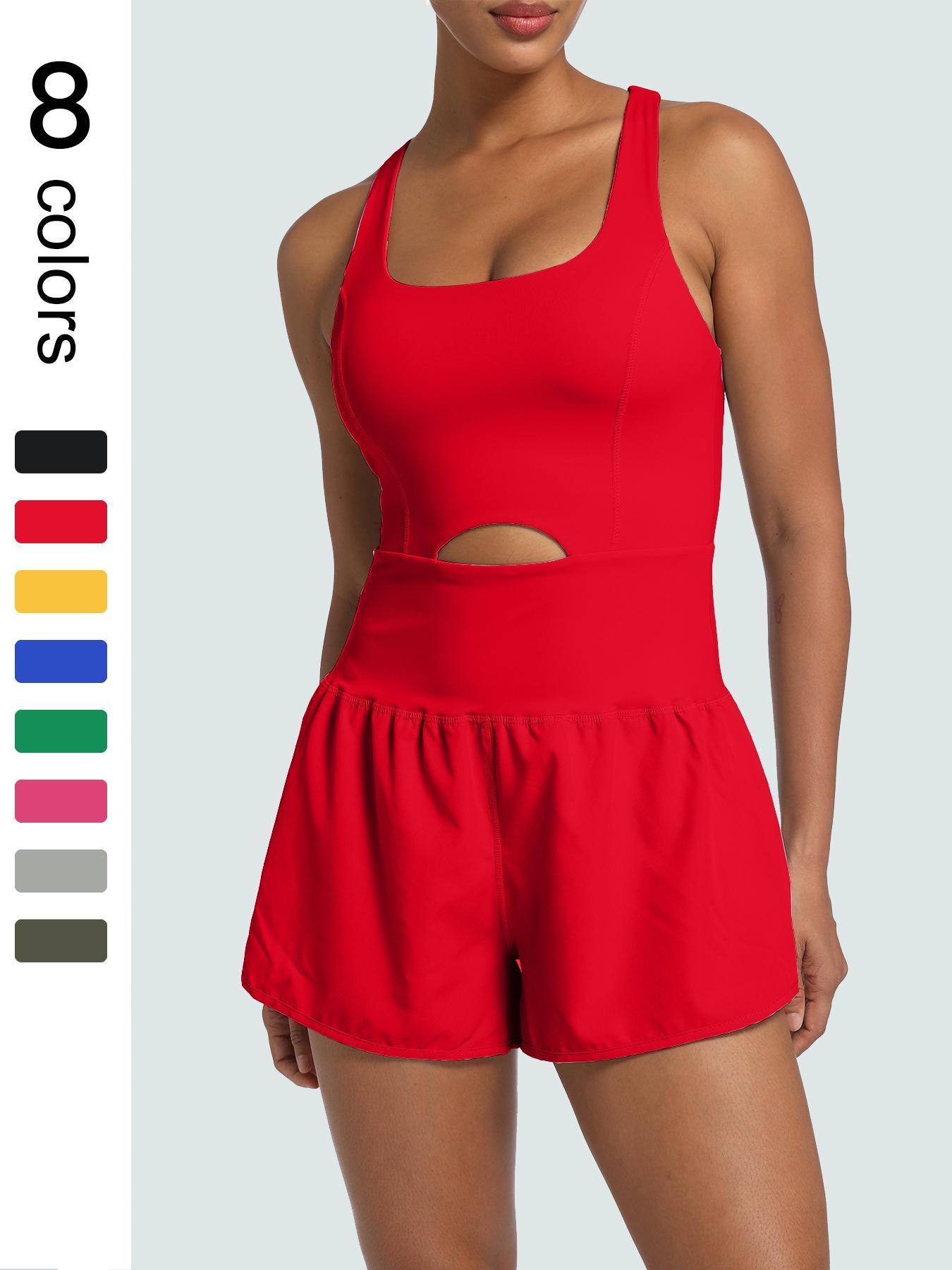 Women's Solid-Color Racerback Sports Romper, Athletic Workout Romper with Removable Chest Pads, High Waisted Romper, Casual Comfy Breathable Sleeveless Jumpsuit for Yoga, Gym and Workouts, Stretch Sportswear for All Seasons