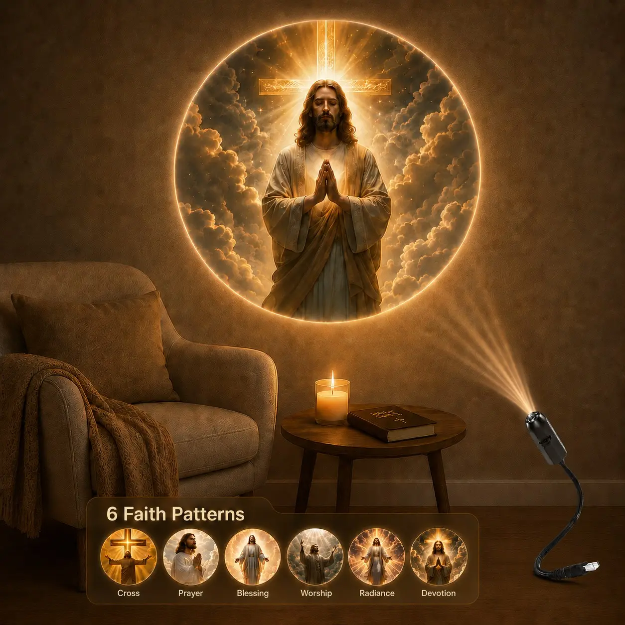 Christian Jesus Pattern Projection Lamp with 6 Replaceable Projection Lenses, Adjustable Light, Wall Decor Lighting for Wall, Ceiling, Bedroom, Prayer Corner and Church Decoration