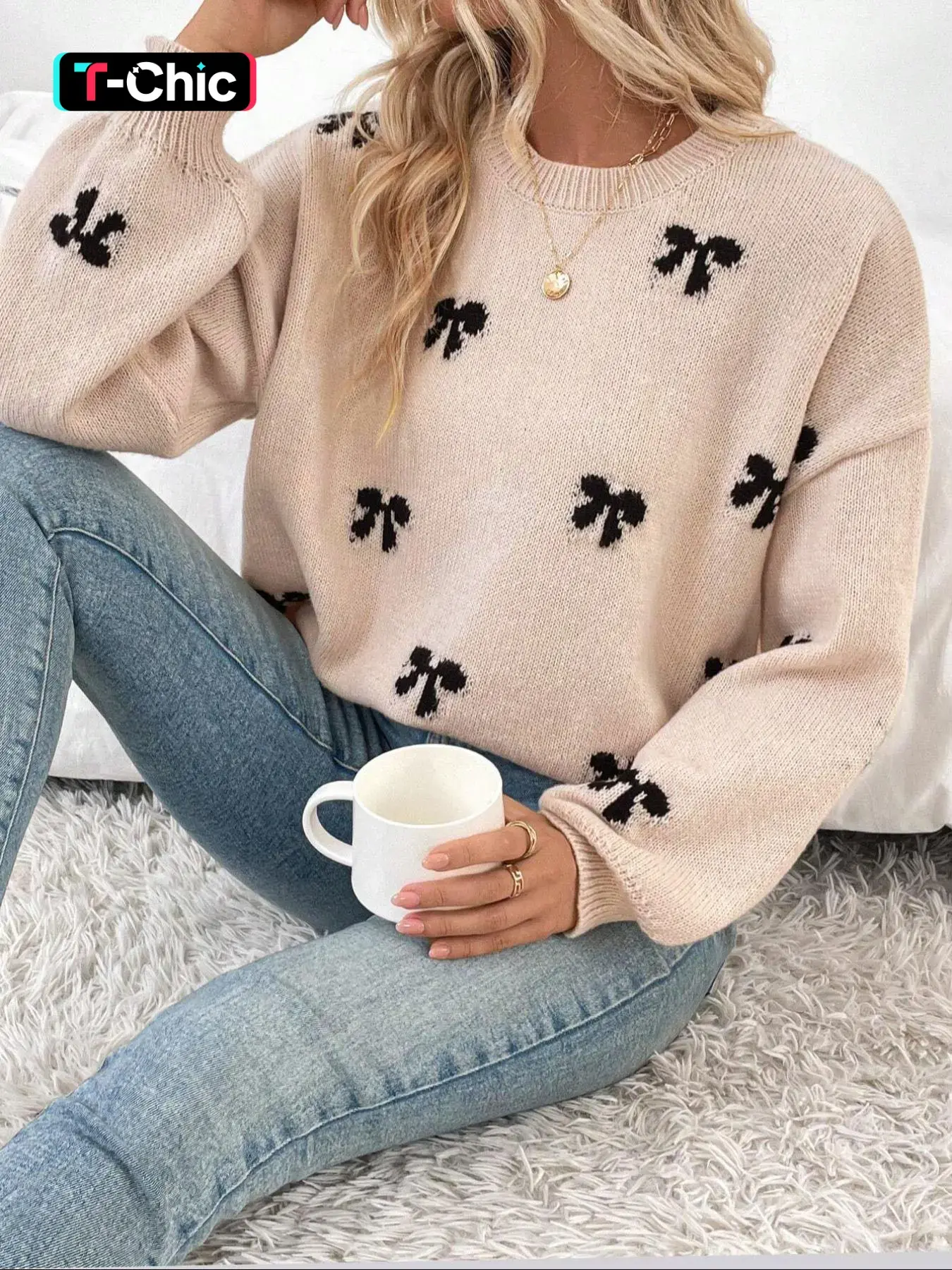 Women's Bow Pattern Drop Shoulder Drape Sweater, Casual Long Sleeve Round Neck Jumper for Fall & Winter, Fashion Ladies' Knitwear for Daily Wear, Knit Sweaters, Womenswear Tops