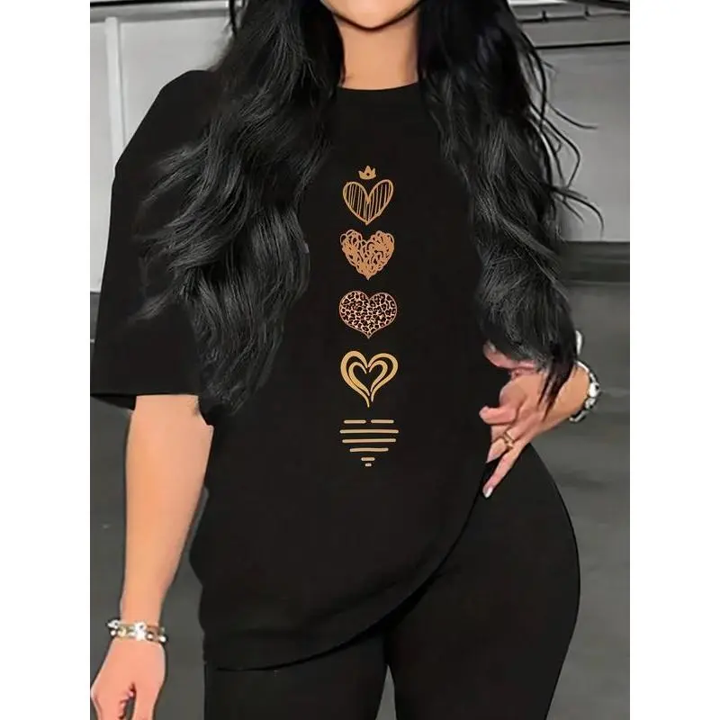 Women's Casual Gold Heart Print Top - Short Sleeve Loose Fit Round Neck Streetwear in Breathable CVC Fabric for Daily Commuting, Tshirt, Clothes, Lady, Fitted, Basic, Daily Wear, Brunch‑Date Ready