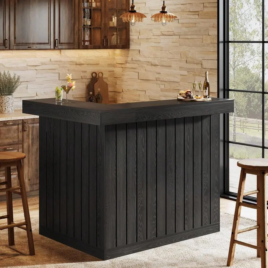 Black Industrial 51"w x 39"d L-Shaped Corner Liquor Bar Table - Floor-Standing 4-Tier Home Bar Unit with Storage Shelves, Wine Glass Holder, MDF Build, Farmhouse Style, Thick Base, Pre-Drilled Kit, Assembly Required, Home Pub Desk, Rock-Solid Stability