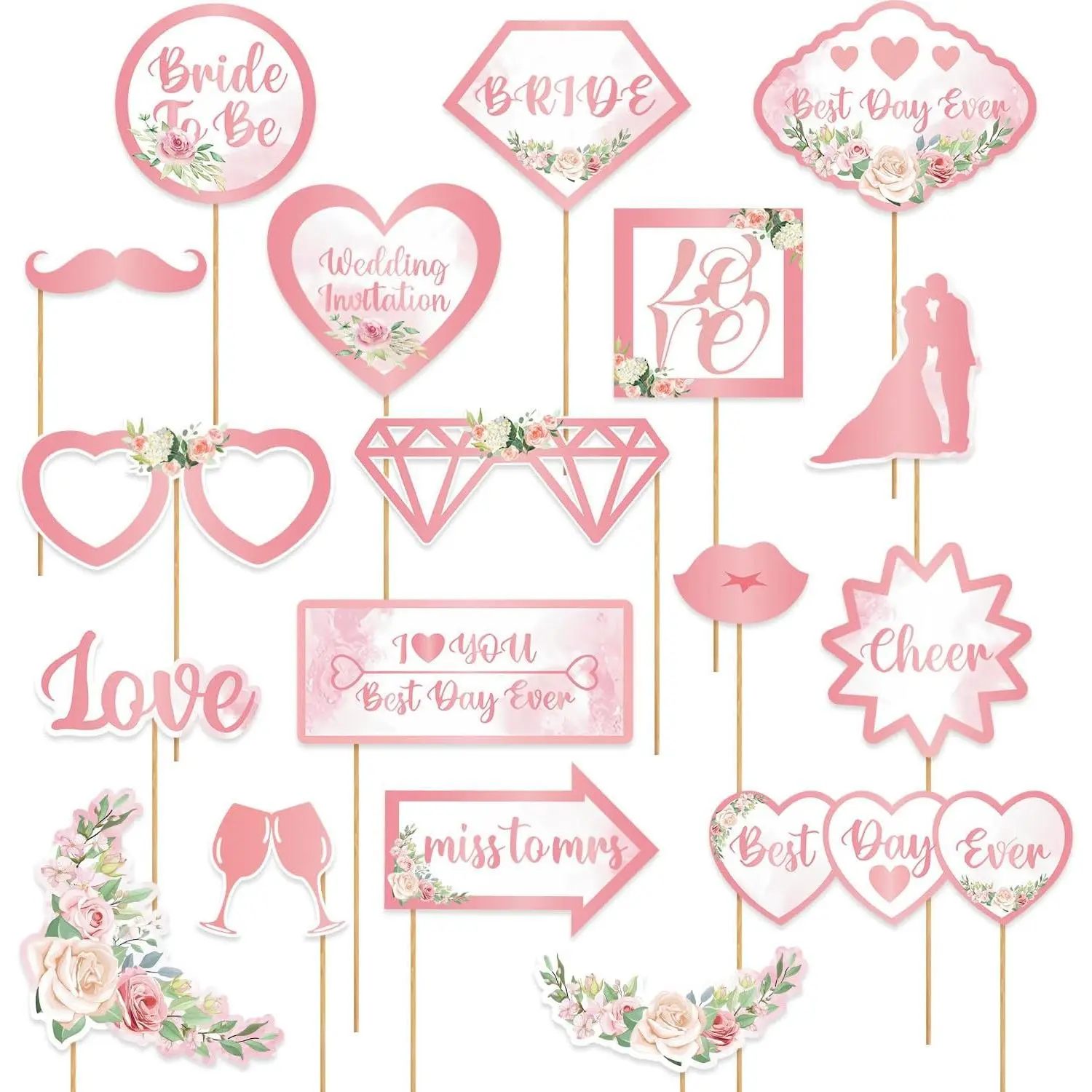Wedding Photo Booth Props, Bachelorette Party Decorations, Engagement Party Decorations in Rose ,  with Glitter 18 count Pre-Assembled Funny Props