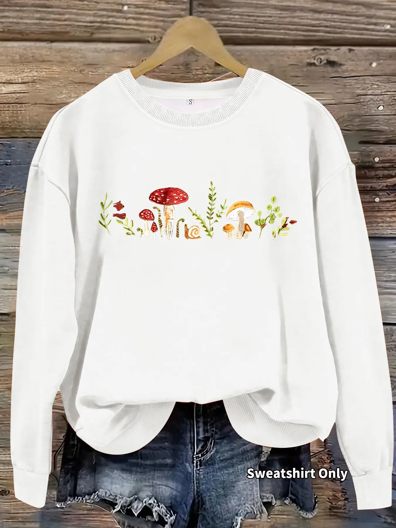Women's Fantasy Mushroom & Leaf Print Crew Neck Fleece Sweatshirt, Casual Long Sleeve Top, Fall Winter Comfort