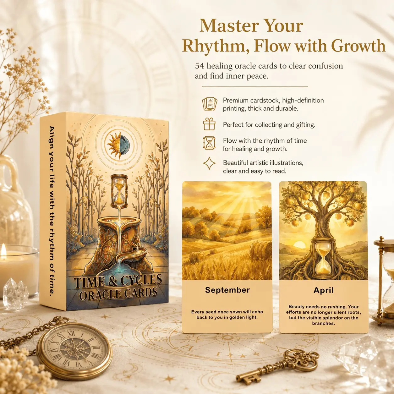 English Oracle Cards 54 Pieces, Time and Cycle Divination Cards, Minimalist Design European Aesthetic Healing Meditation Spiritual Gift, Tarot Alternative, Growth Insights