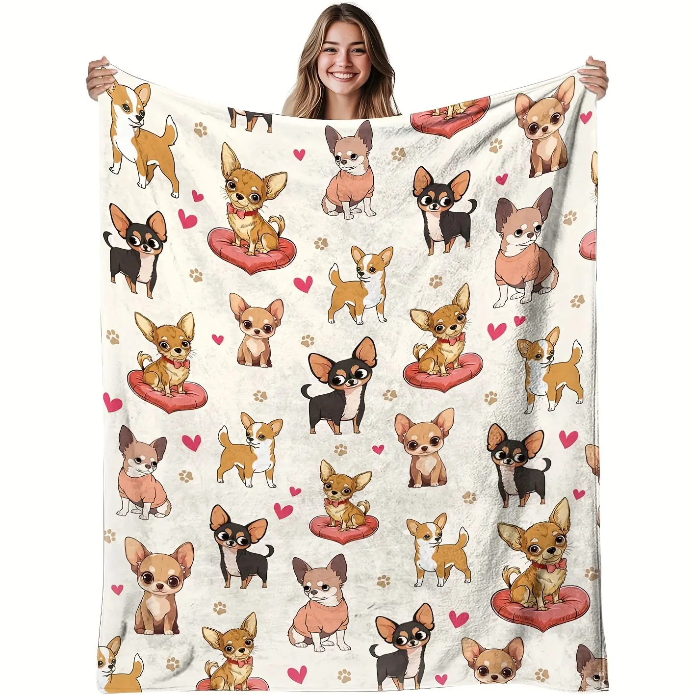 Chihuahua Lover Gift Blanket- Soft Flannel Cozy Shawl with Cute Chihuahua and Heart Pattern, All-Season Machine Washable Pet Blanket, Suitable for Sofa Bed Travel, Dog Lady Birthday Gift, Fun Design, Comfortable Texture, Home Decor Blanket