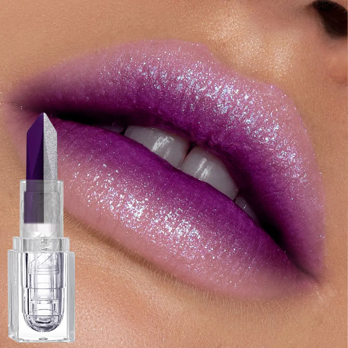 2in1 Diamond Double Color Glitter Lipstick, Glam Metallic Lipstick, Metallic Sparkle Gradient Glossy Purple Lip Stick Long Lasting lipgloss Lip Products Makeup Festival Club Lip Cosmetics For Halloween Concert
