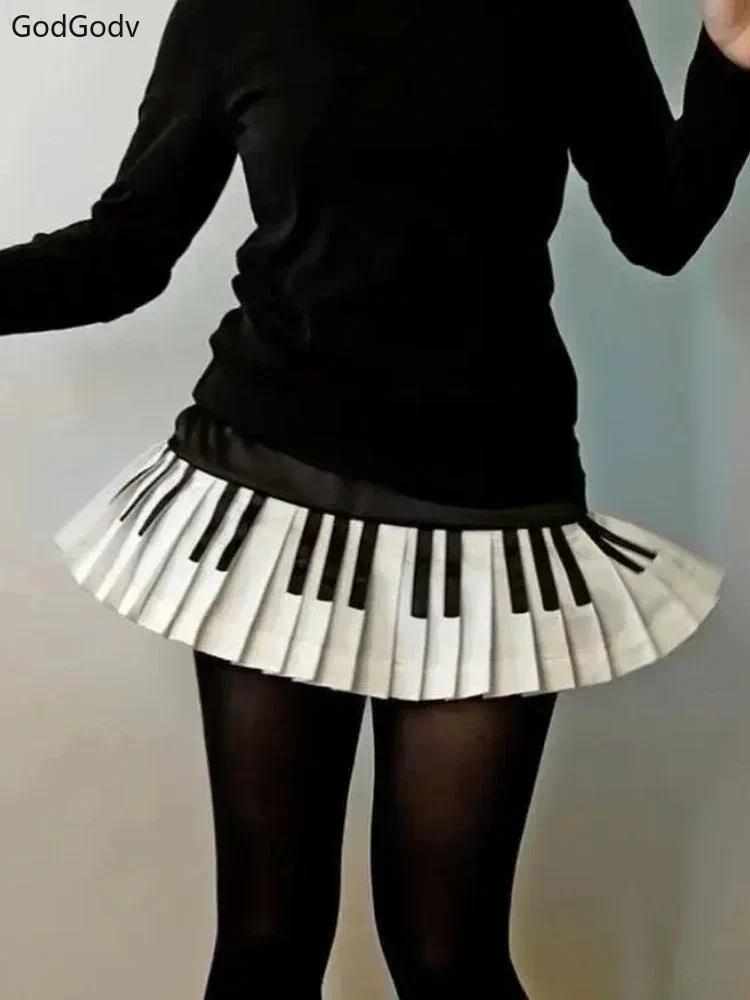 Spring Black White Spliced Women Short Skirt 2025 Y2k Slim Design Harajuku Mini Skirt Female Empire Korea Style Chic Piano Skirt