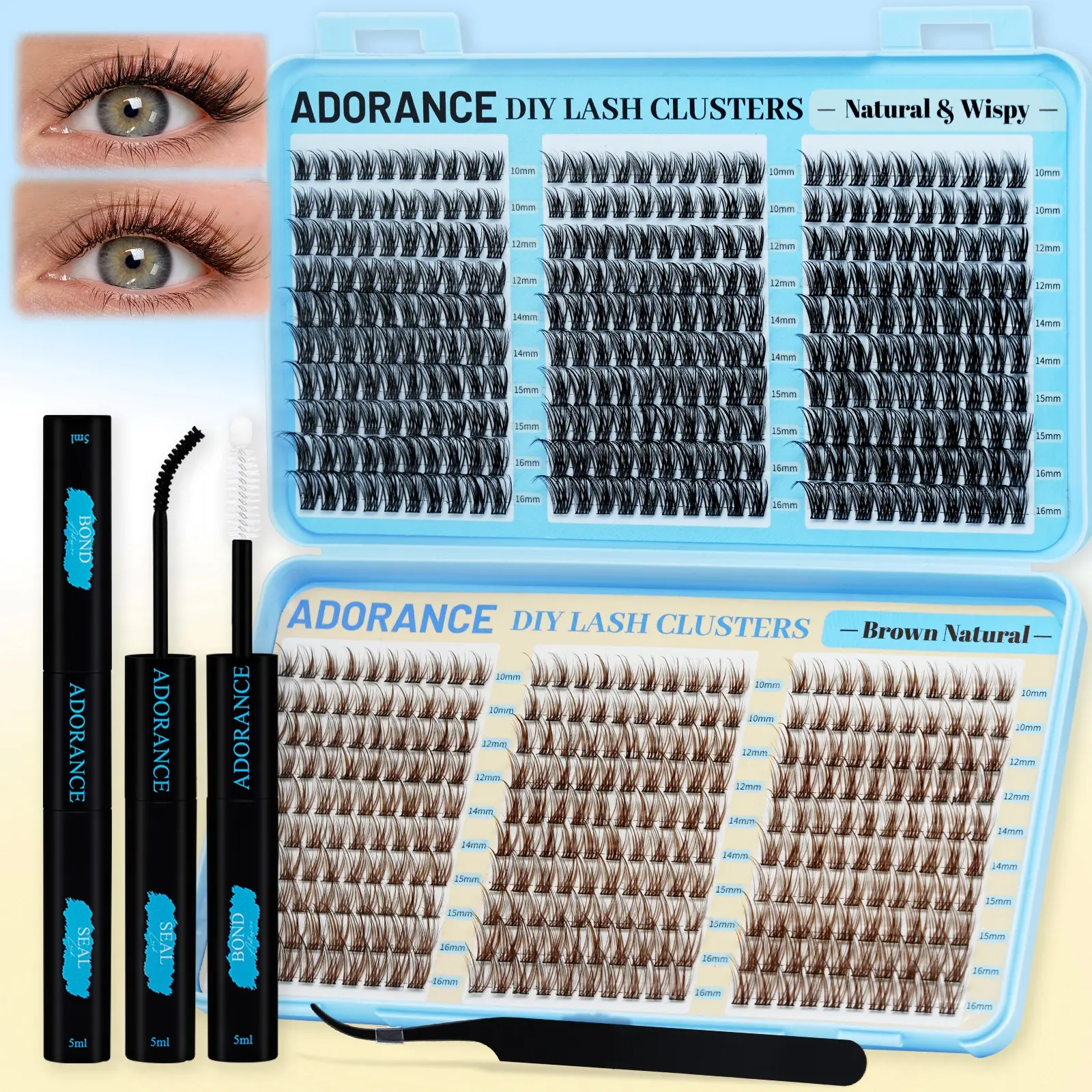 ADORANCE 600pcs 2 Color Lash Clusters Kit DIY Eyelashes Extensions Brown VM01 Wispy Fluffy Cluster Lashes, Volume lashes clusters, Lightweight Soft Band Lash Set for Beginners Salon Look at Home Includes Lash Applicator Bond & Seal Reusable DIY Lash Kit