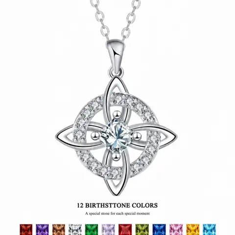 Witches Knot Birthstone Necklace for Women, 12 Month Cubic Zirconia Celtic Style Pendant, Silver Tone Meaningful Jewelry, Birthday Gift for Her
