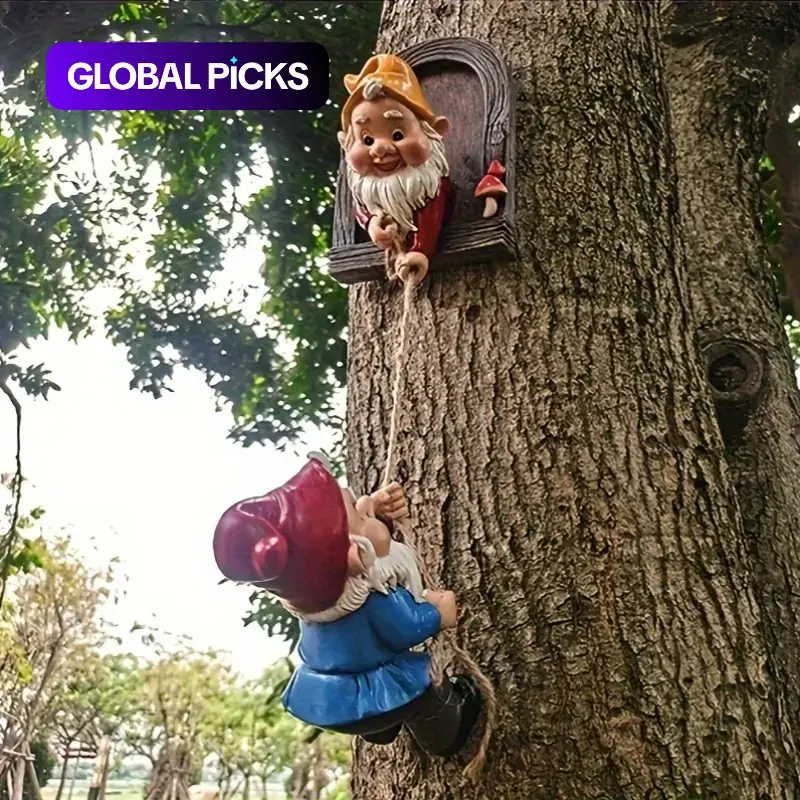[2-piece Set] Tree Dwarf Climbing Figurine, Outdoor Sculpture, Garden Sculptures, Courtyard Garden/Terrace Wall Decoration, Mother's Day/Christmas Gift, Garden Dwarf Wall Hanging + Outdoor Decorative Accessory #GLOBAL PICKS