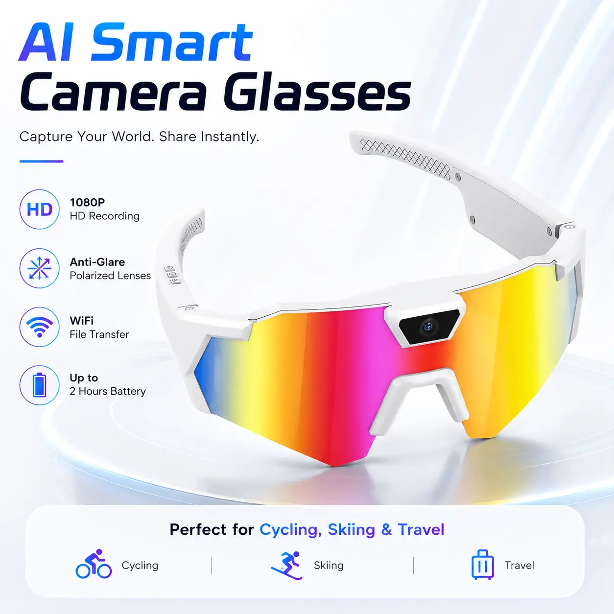 AI Smart Camera Glasses with 1080P HD Hands-Free Video Recording, Anti-Glare Polarized Lenses, WiFi File Transfer and Up to 2 Hours of Battery Life for Cycling, Skiing, Travel and Outdoor Sports Use
