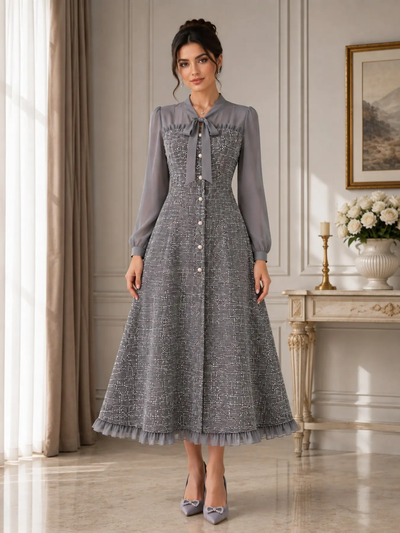 Vintage Noble Style Patchwork Conservative Long Dress, Chiffon Bubble Sleeve Plaid Pearl Button Ear Flower Trim Dress, Elegant Evening Gown