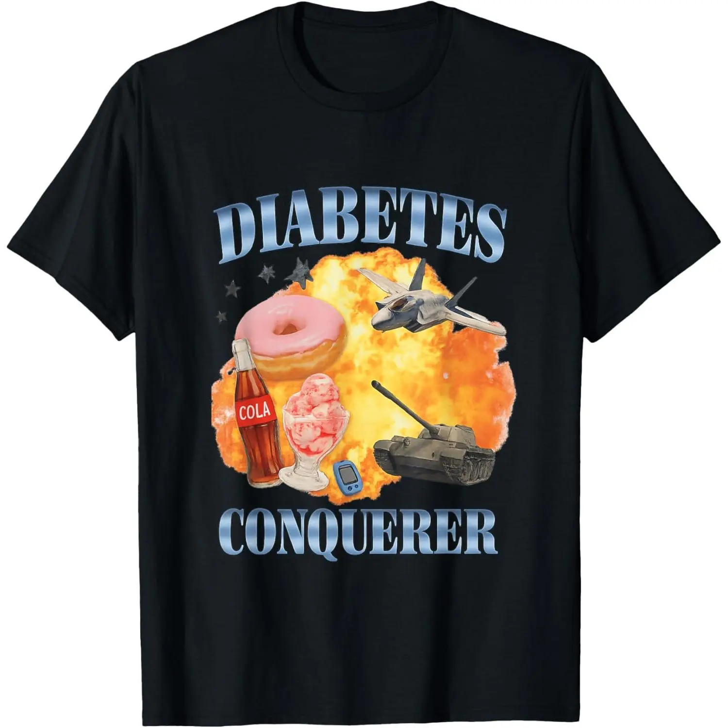 Men's T-Shirt with 'Diabetes Conqueror' Graphic - Funny Meme Satire Print, Casual Short-Sleeve