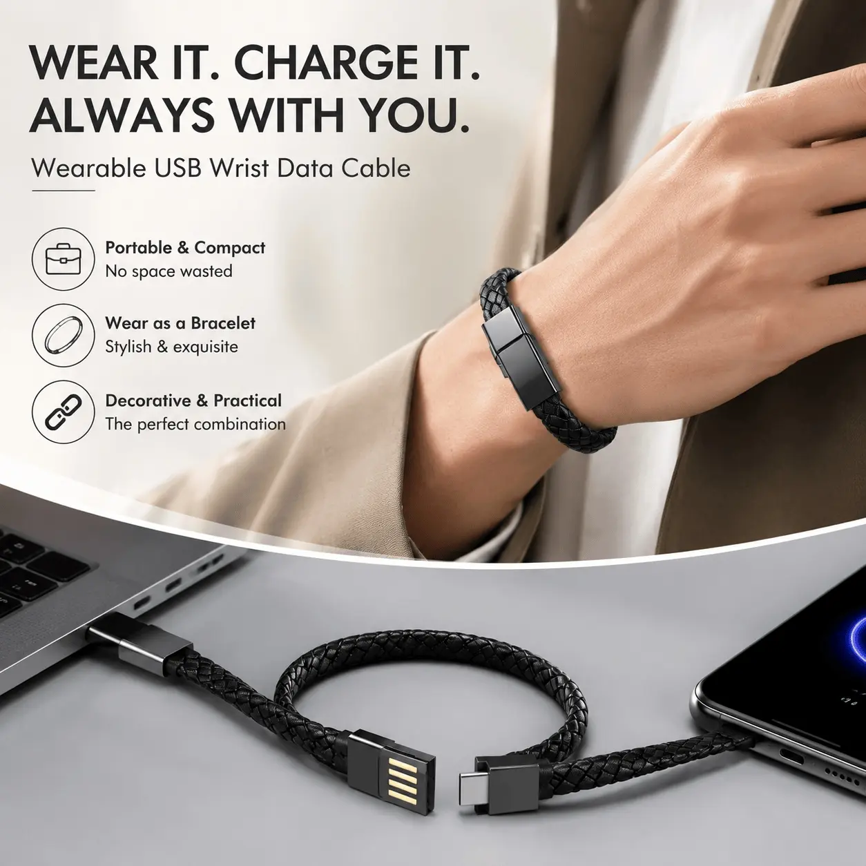 Type-C Braided Charging Bracelet: Durable Wristband Cable with Fast Charging, Portable Wearable Charger Accessory for On-the-Go
