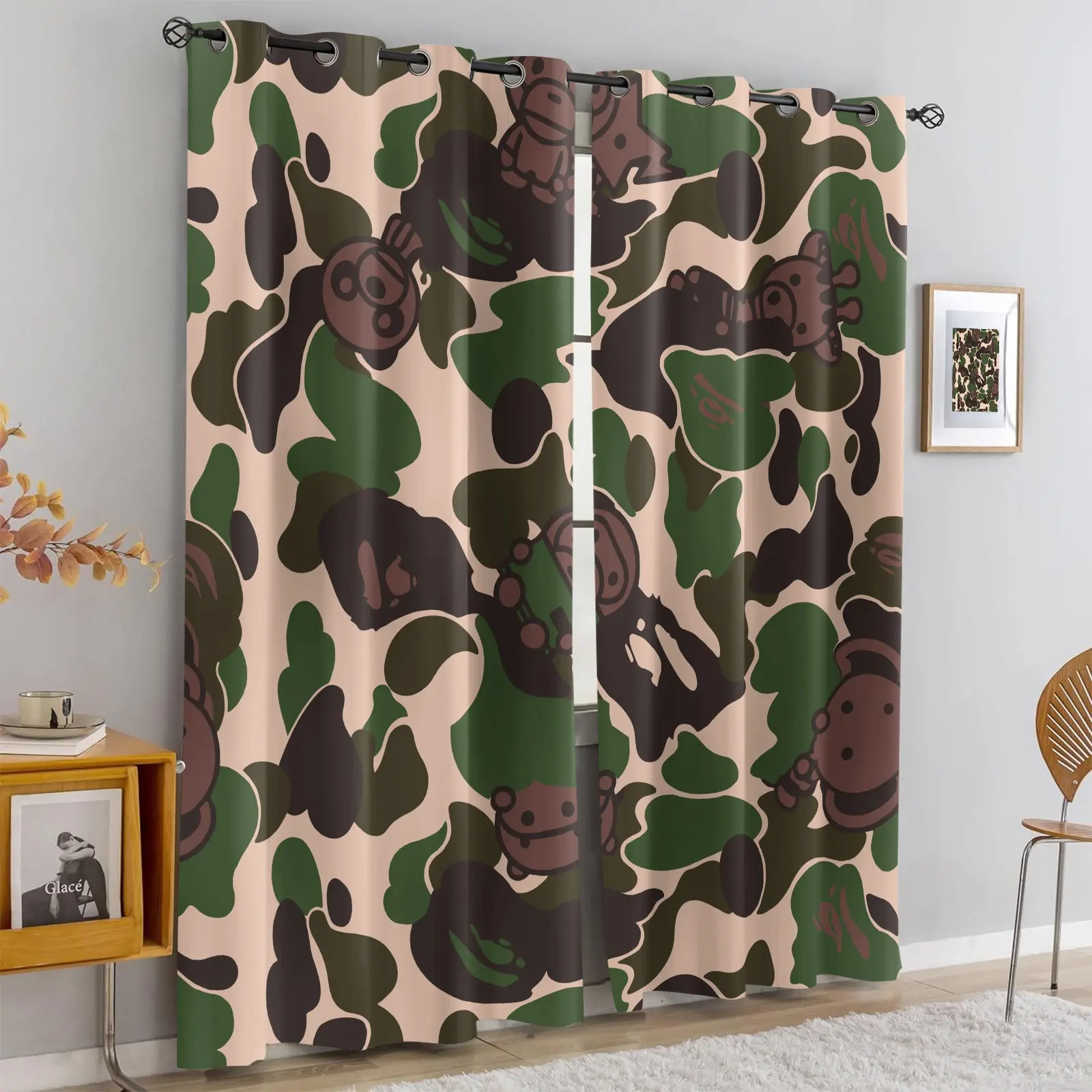 2-Pack Camouflage Print Blinds, Bape'S Iconic Ape Head Pattern Blackout Blinds, Grommet Blackout Curtains, Trendy Street-Style Children'S And Teenagers' Bedroom Blinds, Machine Washable, 2-Pack.