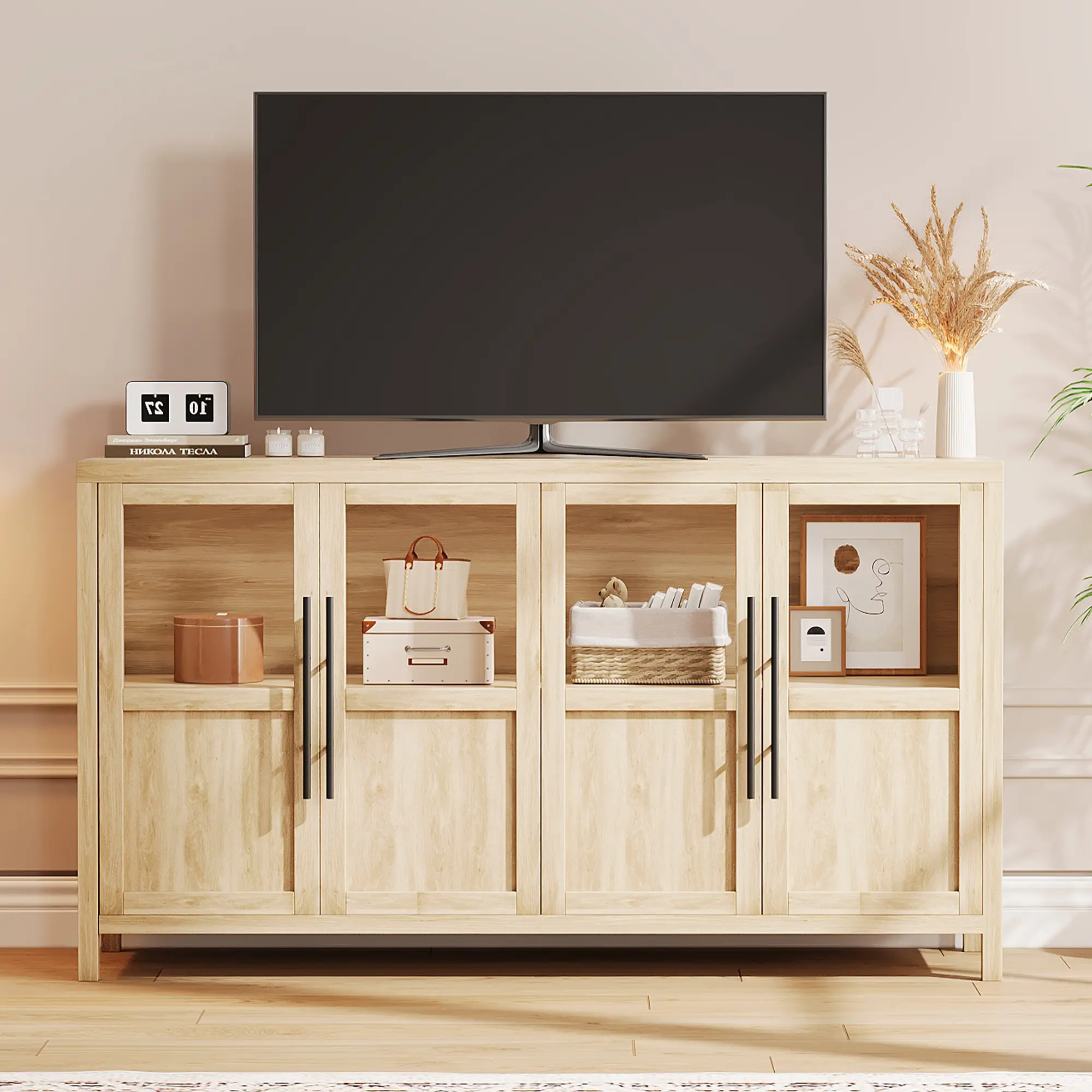 55" Width Freestanding Wood Farmhouse Sideboard Buffet Cabinet, Cupboards Cabinets with 4 Glass Doors, Natural Finish Entryway Storage for Kitchen, Living Room Decor, Furniture Living Room, Freestanding Wood Cabinet