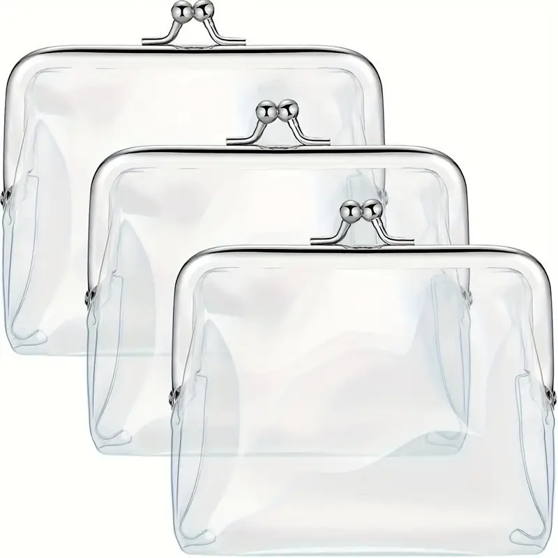 Stadium Approved 3-Piece Clear PVC Coin Purse Set, Transparent Wallet with Metal Clasp, Multi-Purpose Organizer for Accessories, Elegant Storage Bag