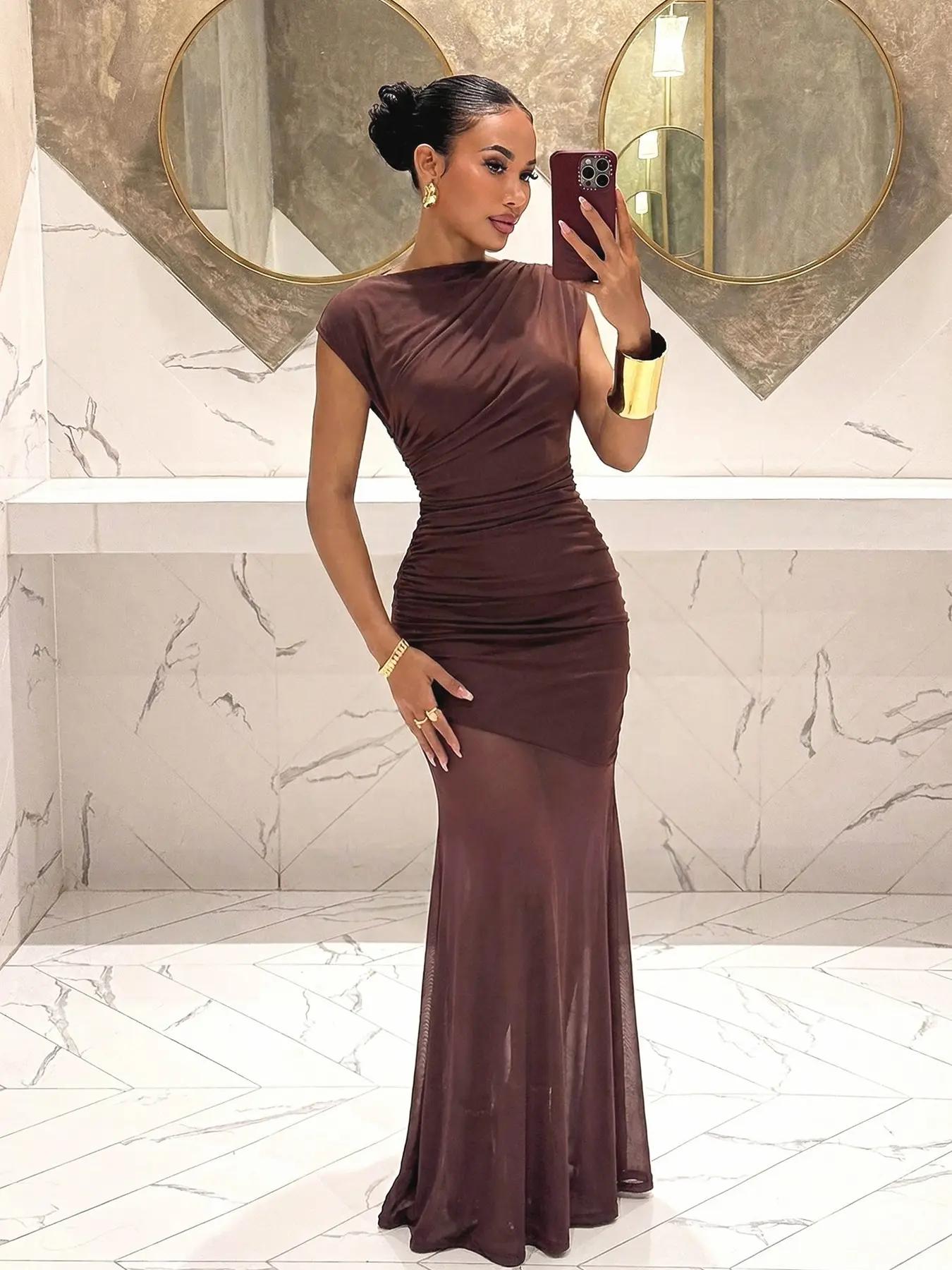 Women's High-End Fashion Lightweight Mesh Patchwork Long Dress, Tight Fit Bodycon Slimming Design, Irregular Style, Perfect for Summer, Formal, Evening & Fashion Occasions