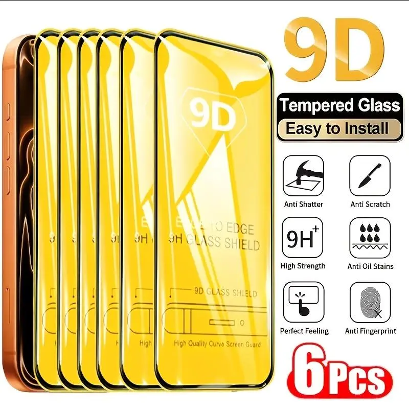 6-Pack 9D Full-Screen Coverage Tempered Glass Screen Protector - Suitable for iPhone 17 Pro Max/Air/17 Pro/16/15/14/13/12/11/16e/16 Pro Max/16 Pro/16 Plus/X/XS MAX/XR - HD Clear & Anti-Scratch & Wear-Resistant - Bubble-Free Installation, Case-Friendly