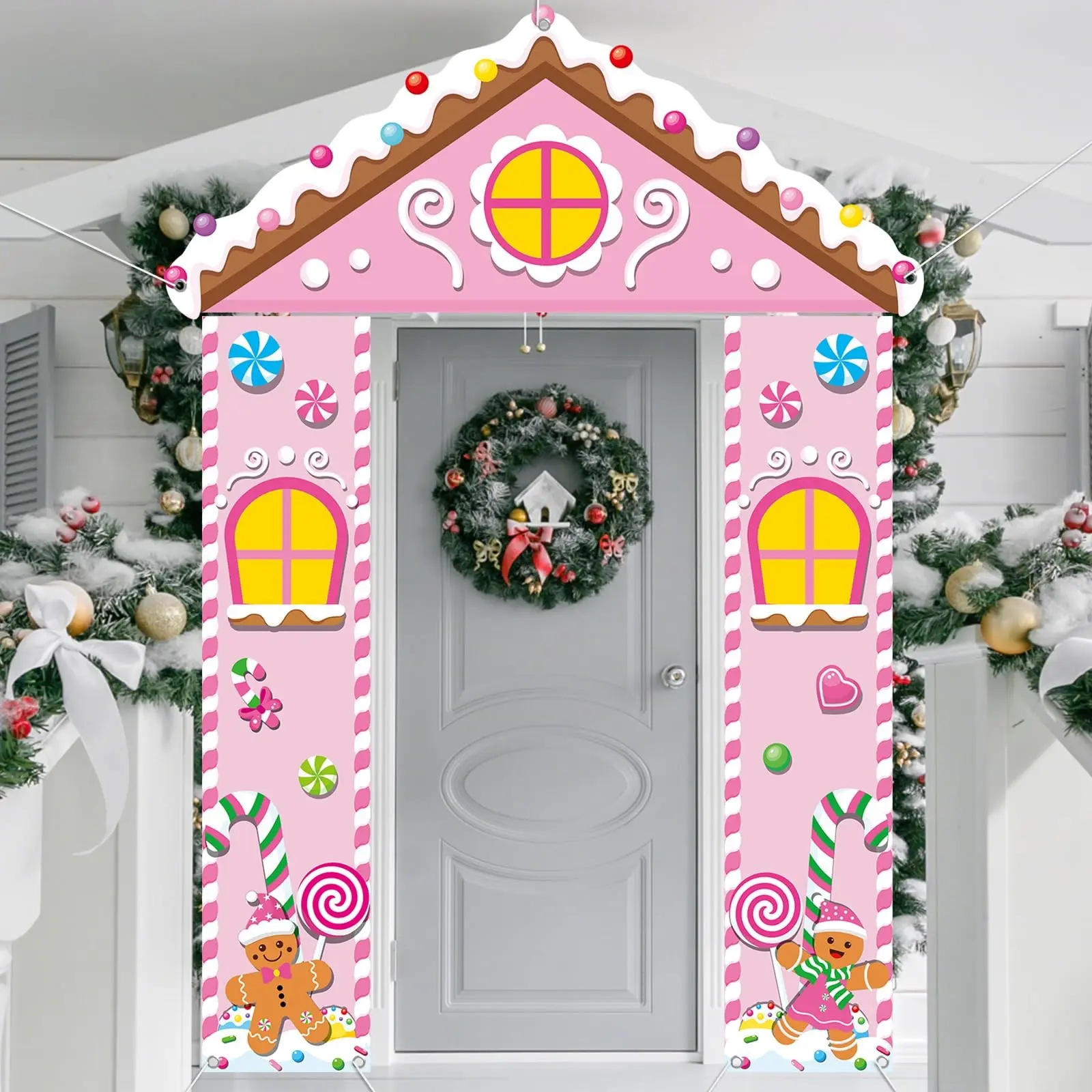 3pcs Christmas Gingerbread House Door Decor Banner, Holiday Indoor Outdoor Decoration, Halloween Christmas Party Background