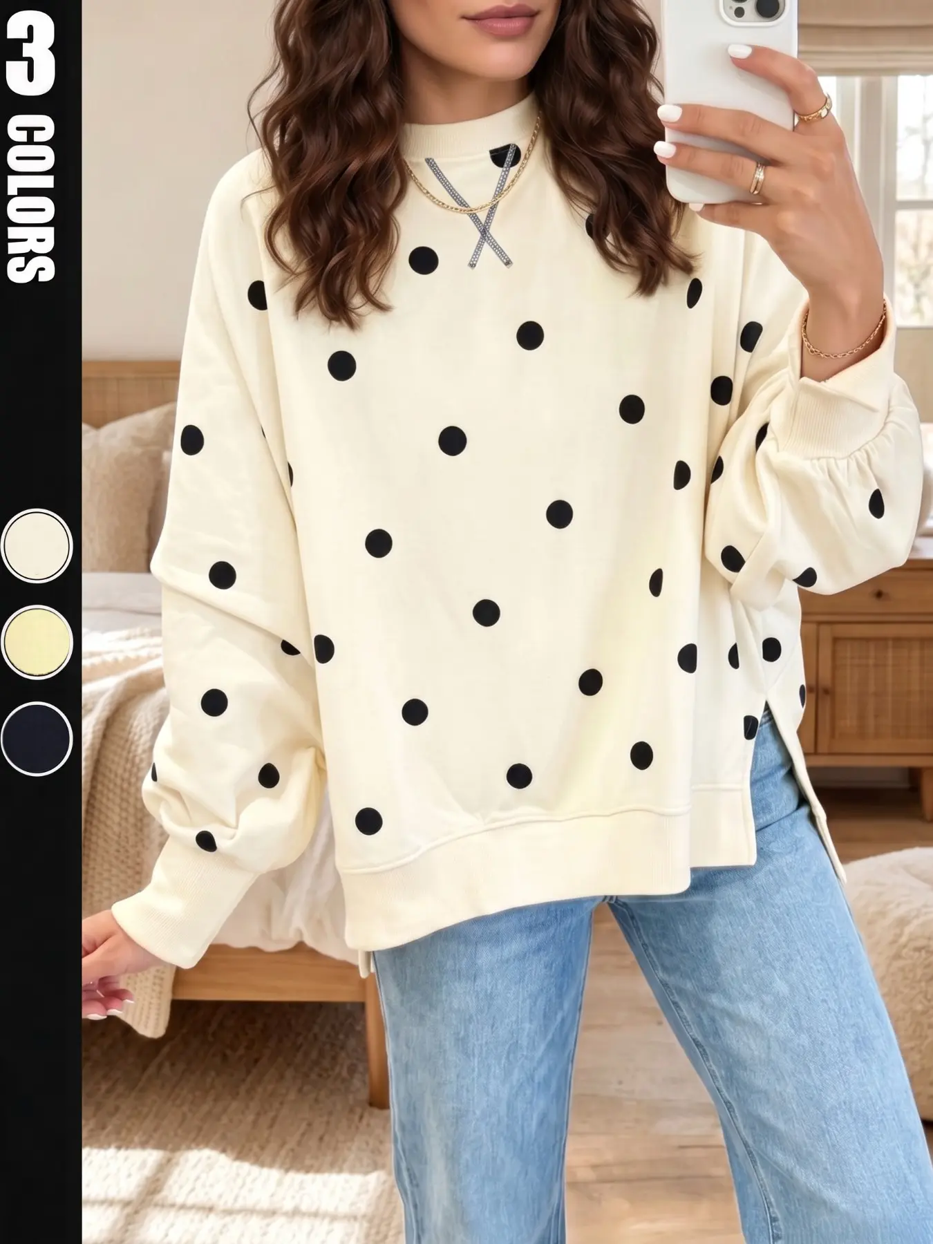 Women's Fall Winter Polka Dot Casual Elegant Commuter French Style Loose Pullover Round Neck Knit Long Sleeve Sweatshirt Coat Top