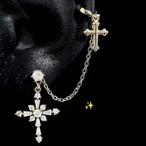 Vintage Diamond-Studded Cross Integrated Ear Hook - Punk Chain Integrated Earrings, Sweet Cool Spicy Accessories for Girls