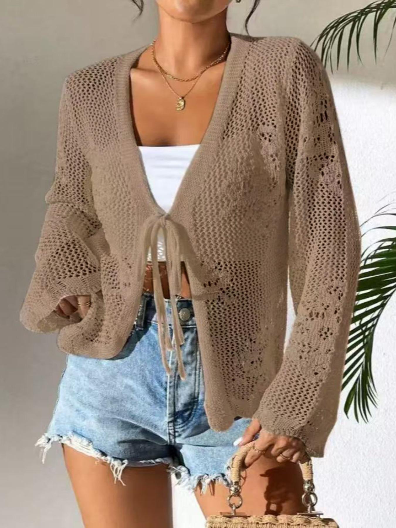 Women's Fitted Plain Sheer Tie Front Knitting Cardigan, Casual Long Sleeve Cardigan for Daily Wear, Ladies Knitwear for All Seasons Women's Fitted Plain Sheer Tie Front Knitting Cardigan, Casual Long Sleeve Cardigan for Daily Wear, Ladies Knitwear for All Seasons
