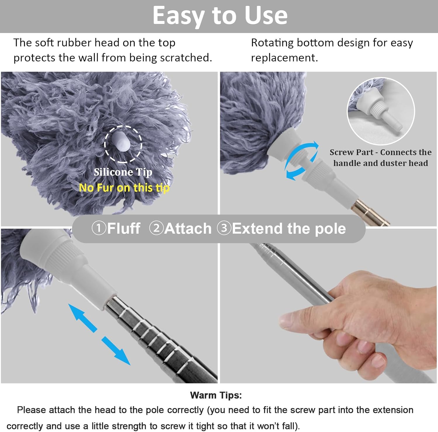 Microfiber  Duster Extendable Duster with 100 inches Extra Long Pole, Bendable  & Long Handle Dusters for Cleaning Ceiling Fan, High Ceiling, Blinds, Furniture &  Gray