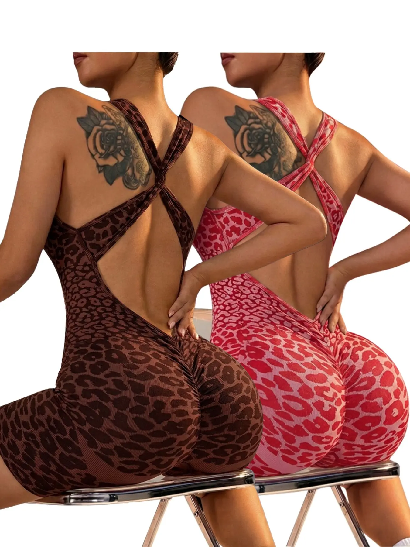 Two-Piece Leopard Print Halter Cross-Back Cutout Yoga Bodysuit, Ruched Butt-Lifting Seamless Short Outdoor Fitness Wear Pilates Outfits Workout Outfits