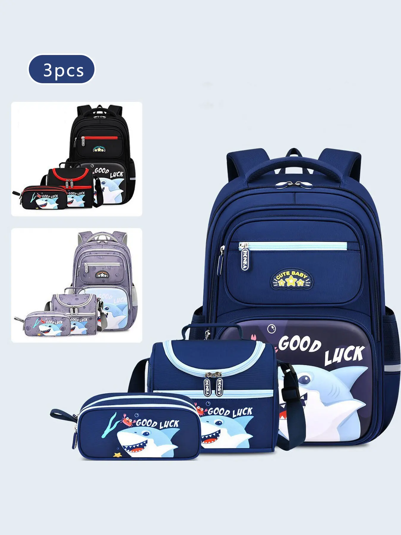 3Pcs Navy Shark Print School Backpack Set Matching Handheld Lunch Bag Slim Stationery Pouch Mesh Padded Shoulder Straps Multi-layer Zip Compartments for Campus Study Sports Outings Weekend Casual Trips