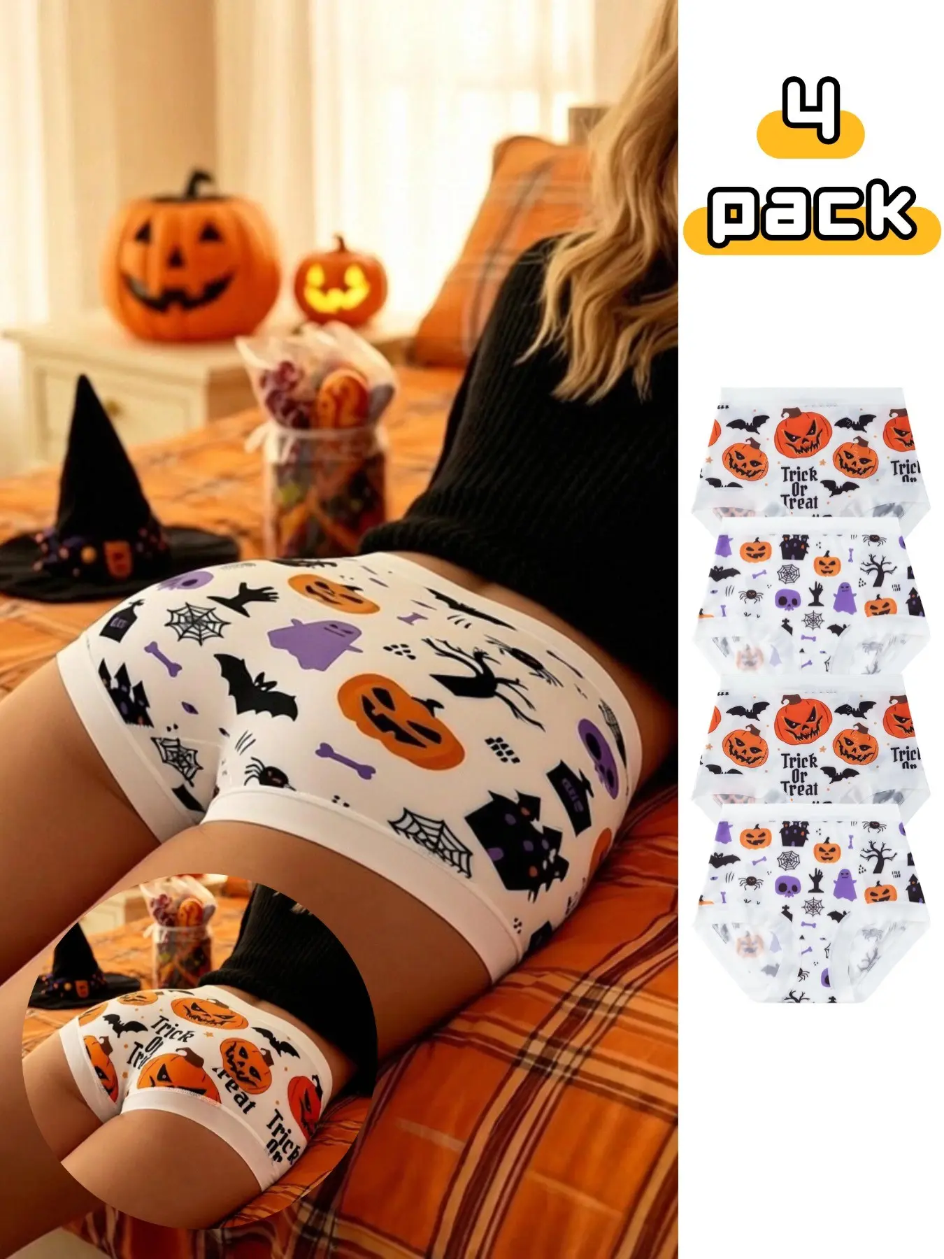 Halloween Pumpkin Print Women's Briefs, Fashion Ice Silk Seamless High Waist Trunk, Ghost Pattern Underwear, Trick or Treat, 4 Pcs Set