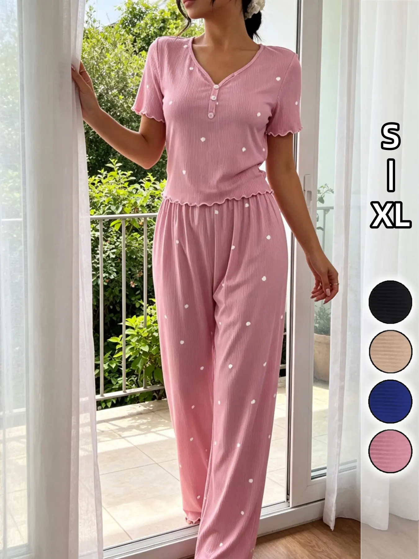 2 Piece Set Women's Ribbed Heart Print Ruffle Trim Short Sleeve Wide Leg, Soft Cozy Womens Matching Pajama Loungewear Nightwear, Lightweight Summer Sleep & Vacation Outfit, Casual Travel Holiday Wear For Daily Home & Trip