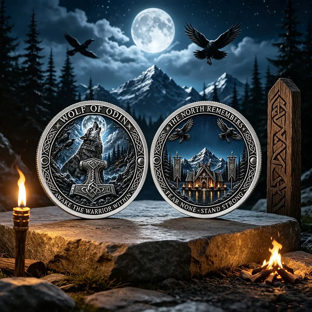 Odin Wolf Memorial Coin, Norse Mythology Badge, Durable & Symbolic, Perfect Gift for Enthusiasts, Unique Desktop Decoration