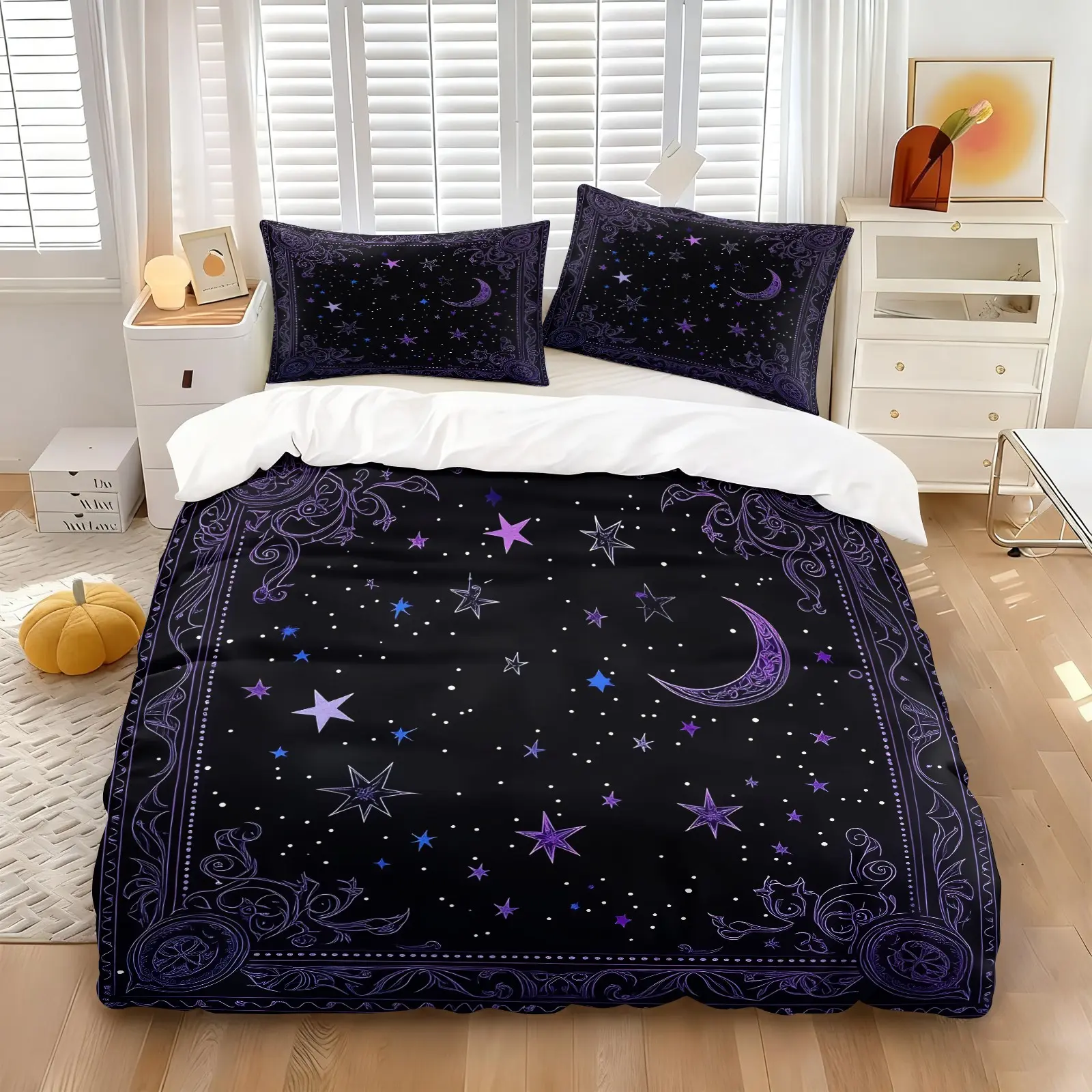 3PCS Black Purple Celestial Moon Star Duvet Cover Set (1 Duvet Cover + 1-2 Coreless Pillowcases), Vintage Gothic Border Starry Sky Print, Soft Comfy All Seasons Summer Vibes Bedding Set, Ideal for Mystic Witchy Aesthetic Bedroom Dorm Decor