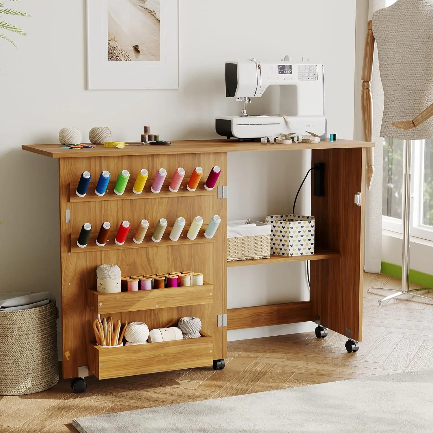 Foldable Sewing & Craft Table with Charging Station, Locking Wheels, Storage Trays & Shelf, Pegs & Magnetic Locks – Space-Saving Desk for Small Spaces