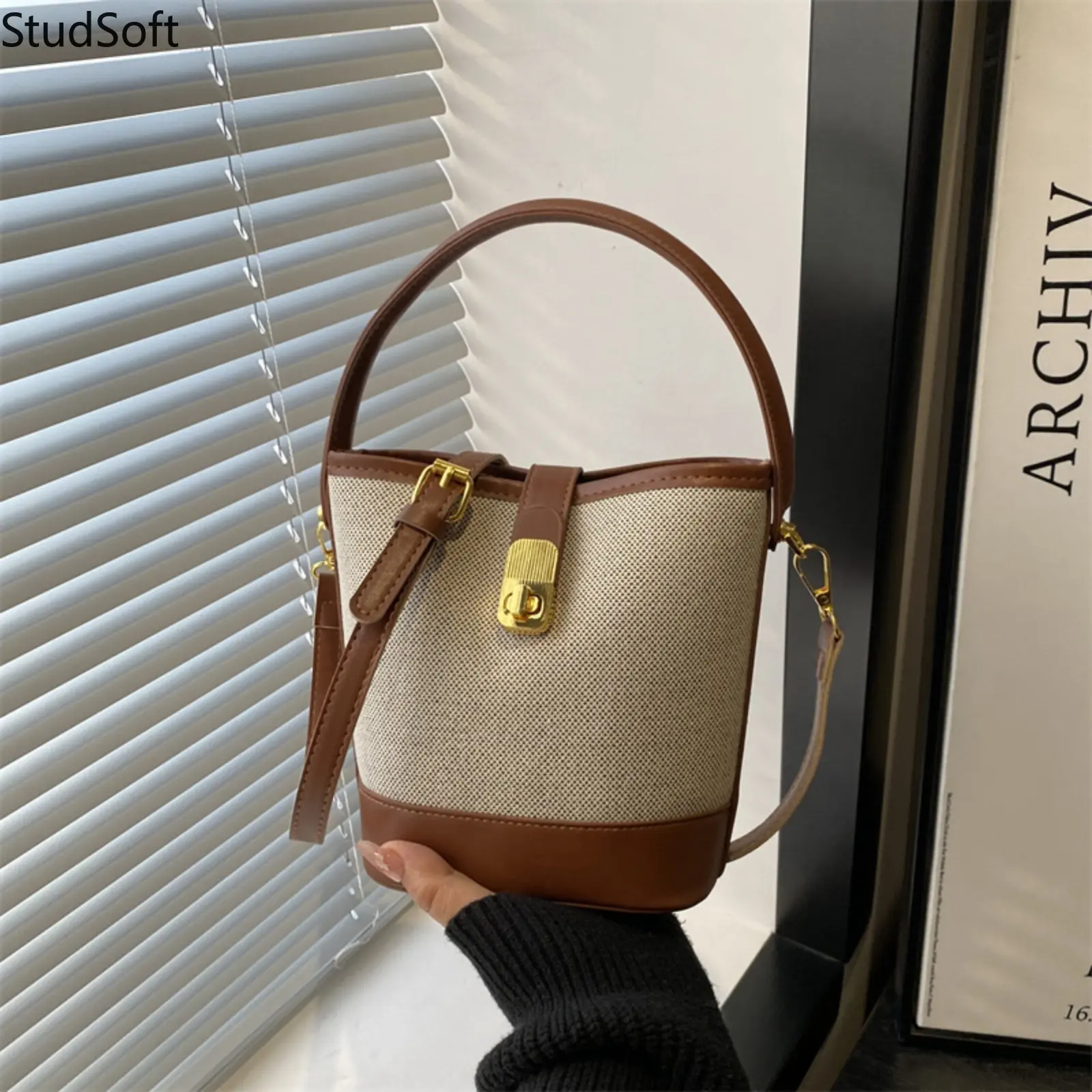 Vintage Canvas Bucket Bag for Women, Leather Stitch Detail Crossbody Satchel with Top Handle and Turn Lock, Crossbody Bag, Top Handle Bag, Crossbody Strap