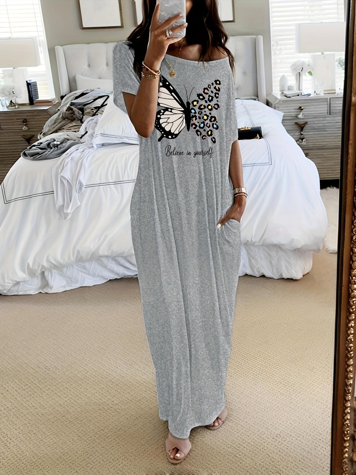 Women's Butterfly Print Round Neck Nightdress, Casual Soft Comfortable Short Sleeve Nightgown for Daily Wear, Ladies Sleepwear for All Seasons, Casual Comfy Nightdress