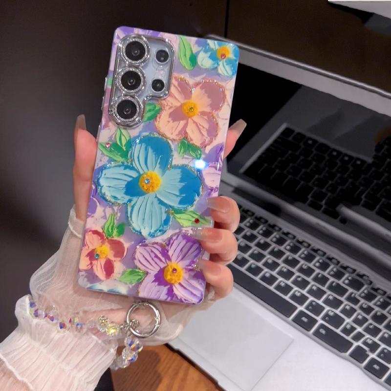 For S25/24/23/S22 blue light oil painting Green and Pink flower shell anti fall protective cover  HN201