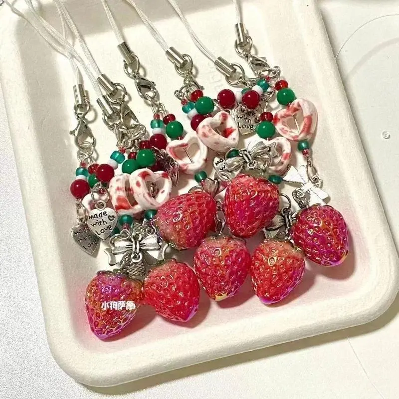 Cartoon Strawberry Phone Charm for Girl Korean Fashion Schoolbag Pendant Keyring Portable Phone Lanyard Phone Accessories