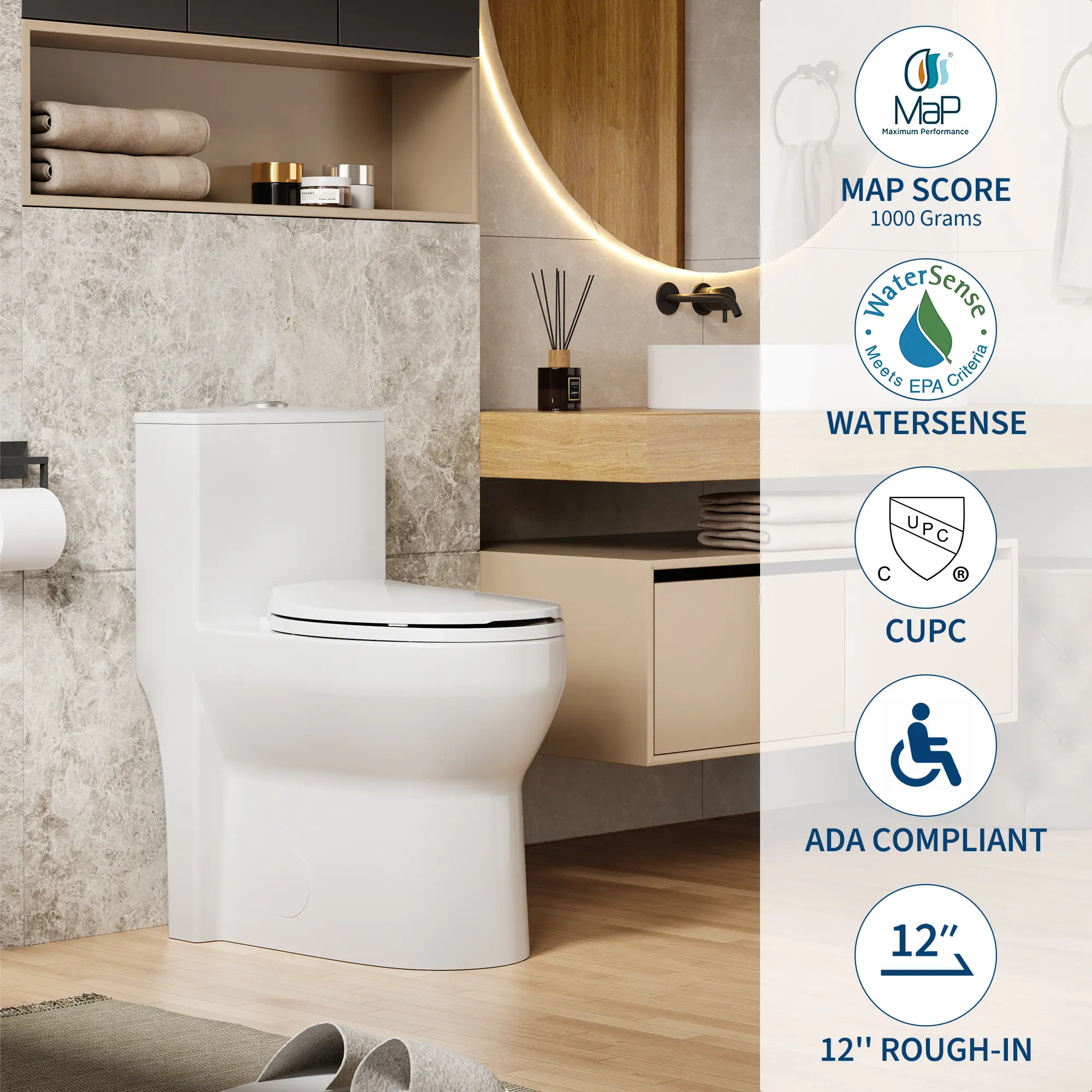 Round One-Piece Toilet – Soft Closing Dual Flush, Side Hole Design, 0.8/1.28 GPF, Modern Standard Toilet with 17" Comfort Seat Height & 11.8" Rough-In, White