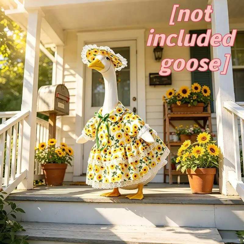 2Pcs set (Lace Hat + Lace Skirt Dress)Sunflower Pattern Porch Goose Outfit Set | Pastoral Style Cottagecore Fit 23 Inch Yard Goose |Spring Summer Outdoor Garden Front Porch Decor |Viral Lawn Goose Clothes