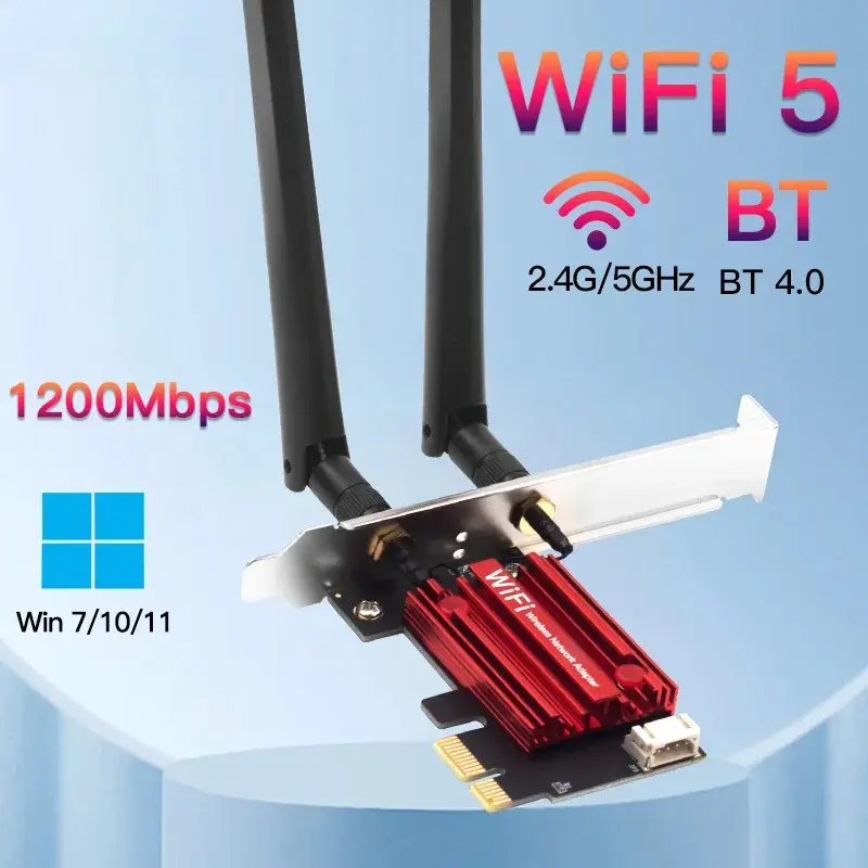 AC1200 WiFi 5 Internal PCI-Express (PCIe X1-X16) Wireless Card - Dual-Band 2.4G/5GHz 802.11AC, Bluetooth 4.0, 9-Pin USB Cable Compatible High-Speed WiFi Adapter for Windows 7/8/10/11 Desktop Users
