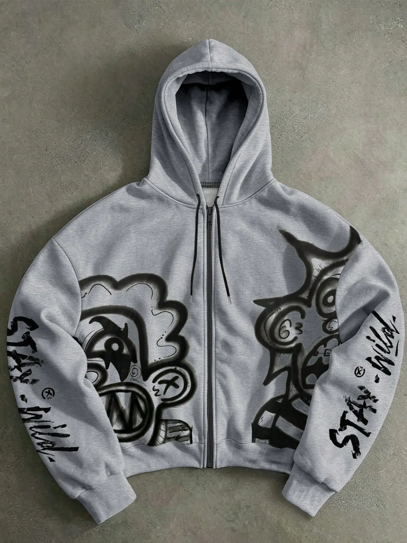 Men's Heather Gray Oversized Zip-Up Hoodie, Casual Graphic Streetwear Clothing Jacket with Graffiti Cartoon & "Stay Wild" Print, Retro Y2K Streetwear Outerwear for Fall, Campus Looks, Casual Outings, Parties, Travel, Weekend Wear, and Relaxed Edgy Styling