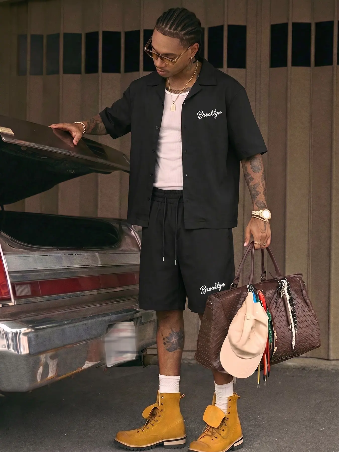Men's Brooklyn Cursive Script Print 2 Piece Matching Set, Lapel Short Sleeve Button Up Shirt & Drawstring Elastic Waist Solid Black Shorts, Loose Boxy Summer Back To School Hip Hop Streetwear Outfit