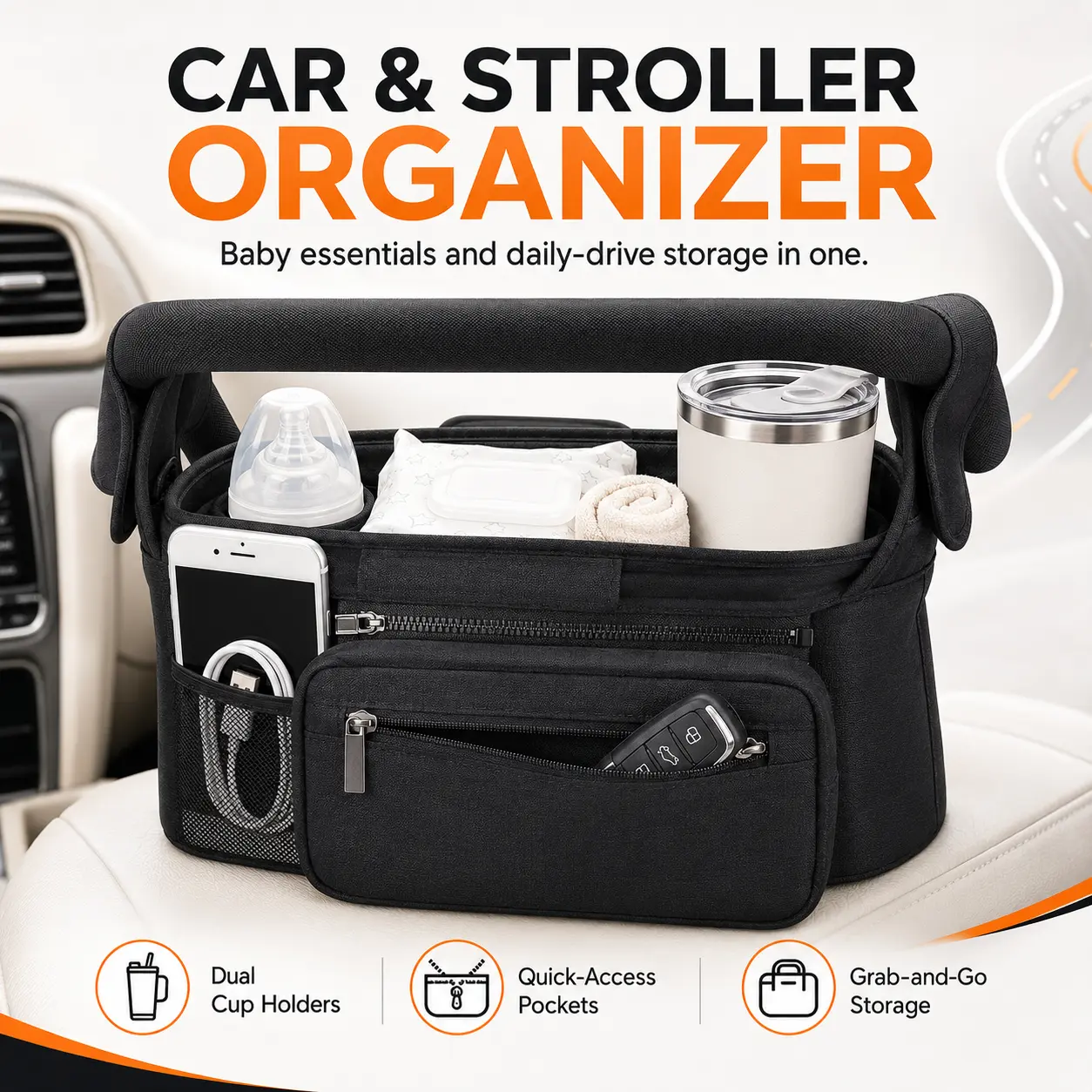 Universal Stroller & Car Headrest Organizer with 2 Insulated Cup Holders, Detachable Wristlet Pouch, Shoulder Strap and Hooks, Baby Travel Storage Caddy for Strollers, Cars and Pet Strollers